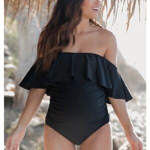 Black Ruffle Trim Ruched One-Piece Maternity Swimsuit